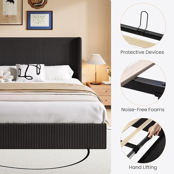 SHA CERLIN King Size Lift Up Storage Bed Frame, Modern Upholstered Wingback Headboard, Hydraulic Support & Underneath Storage, Soft Corduroy Fabric Platform Bed, No Box Spring Needed, Black