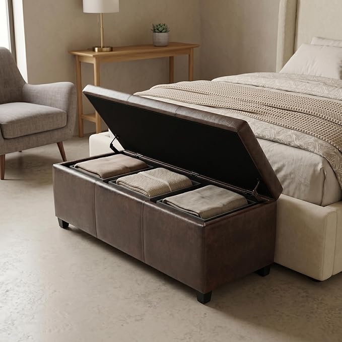 SIMPLIHOME Avalon Storage Ottoman Bench - 48" Wide x 16" High Upholstered Vegan Leather Rectangular Lift-Top Ottoman in Distressed Brown, Contemporary Bench for Living Room with High-Density Foam