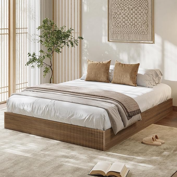Garvee Full Bed Frame, Wood Platform Bed with Fluted Design, Low Profile BedFrame, Minimalist Bed Base with Noise-Free, Easy Assembly, No Box Spring Needed, Walnut