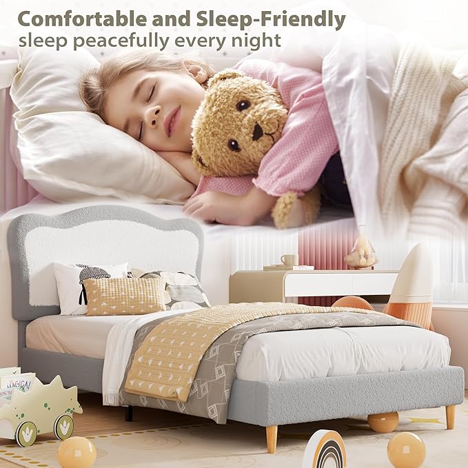 GarveeHome Full Bed Frames for Kids with Soft headboard, Velvet Low Bed Frame for Girls, Boys, No Box Spring Needed, Wooden Slats, Noise Free, Sturdy, Easy Assembly, Grey White
