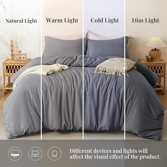 MILDLY Super Soft Duvet Cover - 100% Washed Microfiber Dark Grey Comforter Cover Set 3 Pieces with Zipper Closure & Corner Ties (No Comforter)