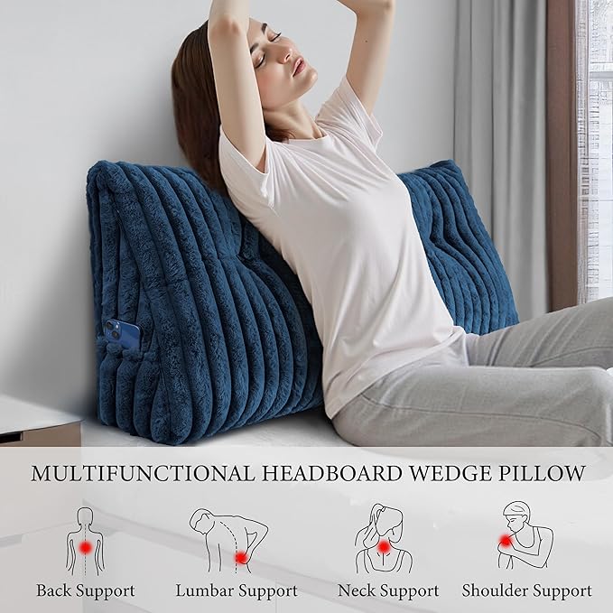 Headboard Pillow Full, Triangular Wedge Pillow Headboard Full, Cushion Headboards Reading Pillows, Backrest Pillows for Sitting in Bed or Working with Removable Cover, Blue