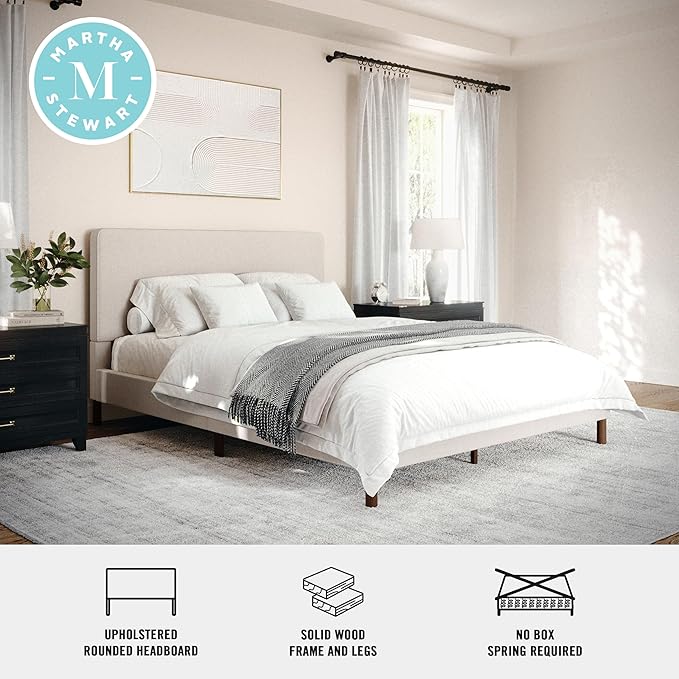 Martha Stewart Britta Platform Bed with Headboard & Footboard, Faux Linen Upholstery with Piping Detail, Rounded Headboard, No Box Spring Needed, Queen, Beige
