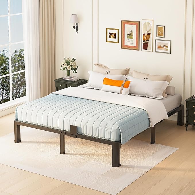 10 inch King Size Bed Frame with Round Corner Legs and Headboard Hole Mattress Slide Stopper Low Profile Heavy Duty Metal Platform,Steel Slat Support,No Box Spring Needed,Easy Assembly,Noise Free