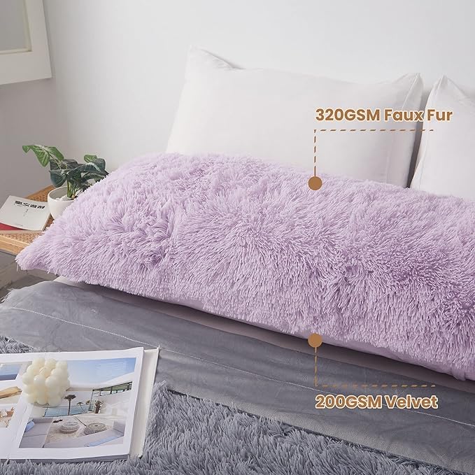 MEGO Fluffy Body Pillow Cover, 20x54 Shaggy Faux Fur Body Pillow Case, Comfy Plush Fuzzy Body Pillowcase, Furry Long Throw Bed Pillow Cover with Zipper for Women Side Sleeper Lavender Light Purple