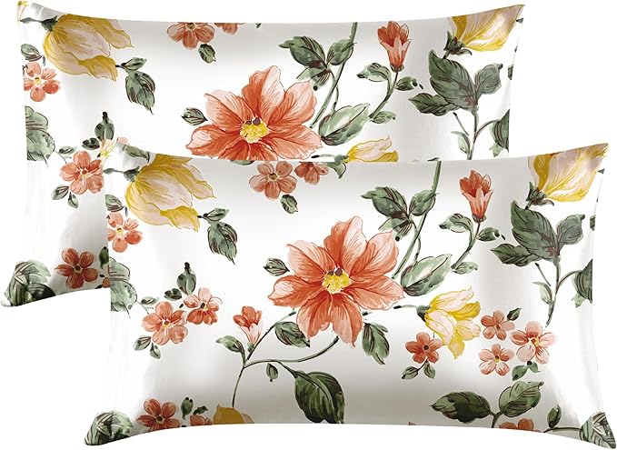 EXQ Home Satin Pillowcase for Hair and Skin Queen - Printed Watercolour Petal Silk Pillow Cases 2 Pack 20x30 inches - Satin Pillow Cases Set of 2 with Envelope Closure, Gifts for Women Men