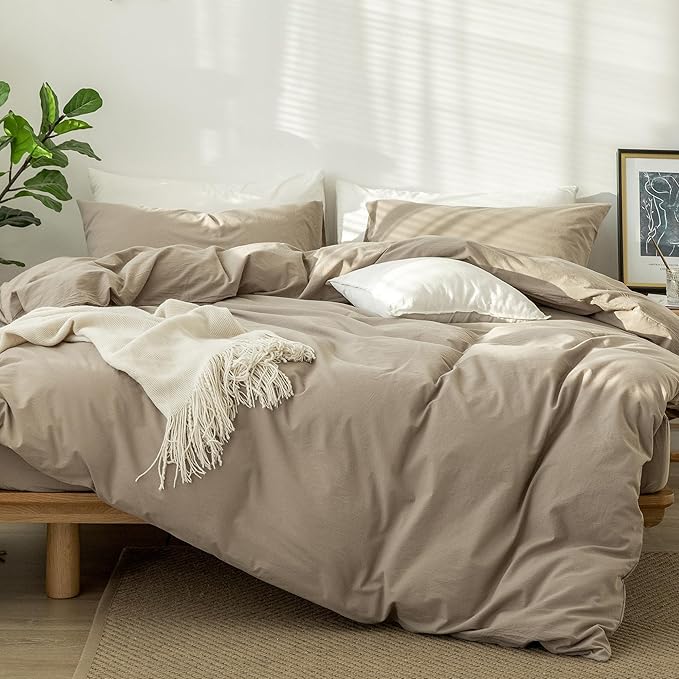 MooMee Bedding Duvet Cover Set 100% Washed Cotton Linen Like Textured Breathable Durable Soft Comfy (Solid Light Camel, Twin 68"x90")