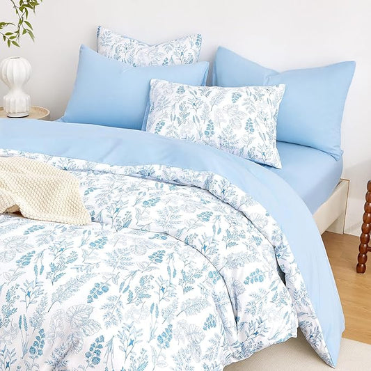 Wake In Cloud - Floral Duvet Cover Set, Botanical Vintage Flower Coquette Cottagecore Aesthetic for Women Teen Girls, Soft Lightweight Bedding, 3-Piece, Blue, Twin/Twin XL Size