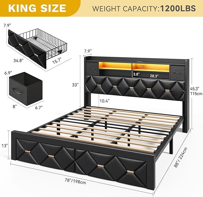 YITAHOME King Size Bed Frame with 2 Storage Drawers and Storage Headboard, Upholstered Platform with Charging Station and LED Light, No Box Spring Needed, Noise Free, Easy Assembly, PU Leather Black