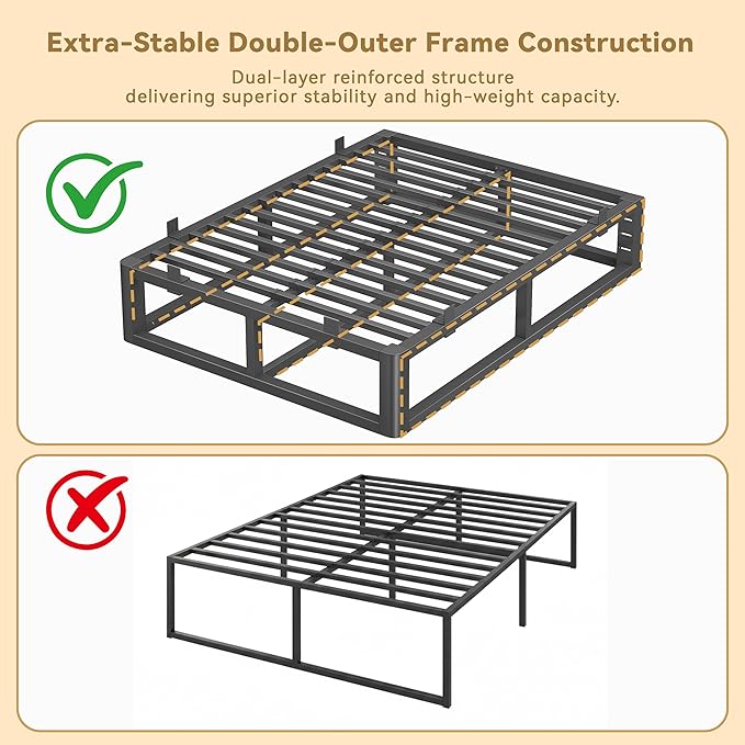 14 Inch Full Size Bed Frame with Rounded Corner and Headboard Hole, Metal Platform Bed Frames 6 Non-Slip Guards, 3500lbs Heavy Duty Steel Slat Support, Squeak Free, No Box Spring Needed, Black