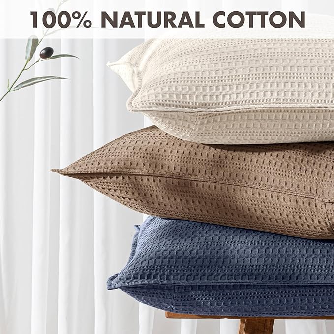 Set of 2 Decorative 100% Cotton Waffle Throw Pillow Covers 20x20, Neutral Euro Shams Weave European Cushion Cases for Couch Sofa Bed Modern Farmhouse Home Decor, Oatmeal