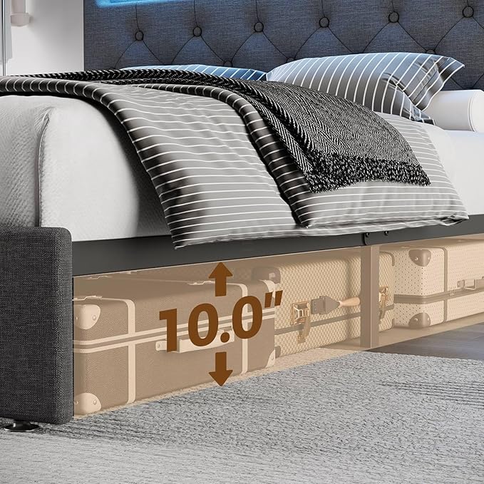 Rolanstar Full Size Bed Frame with Charging Station, LED Bed with Under Bed Storage, Adjustable Headboard 38.9/40.8 Inches, No Box Spring Needed, Noise Free, Easy Assembly, Grey