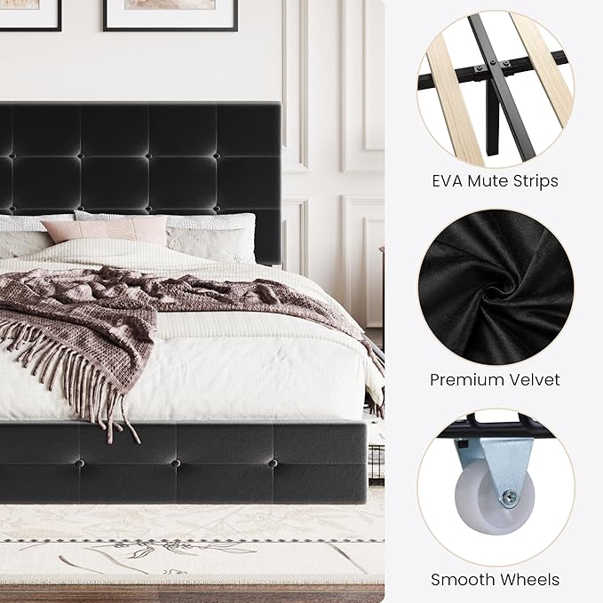 SHA CERLIN Full Size Platform Bed Frame with 4 Oversized Storage Drawers, Adjustable Headboard with Velvet Upholstery, Square Button Tufted Design, Wooden Slat Support, No Box Spring Needed, Black