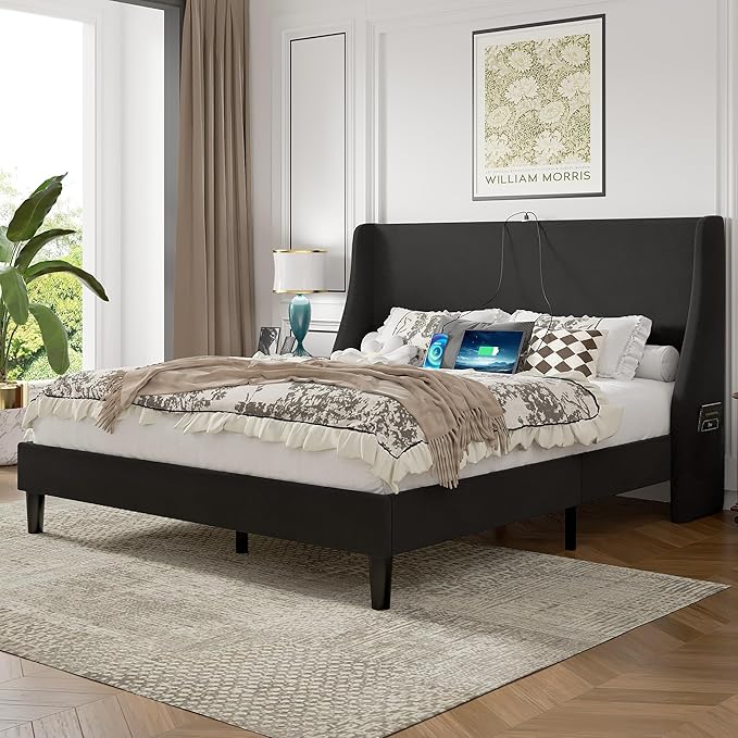 VECELO Queen Bed Frame with Upholstered Wingback Headboard, Heavy-Duty Platform Bedframe with Charging Station, Wooden Slats, No Box Spring Needed, Grey