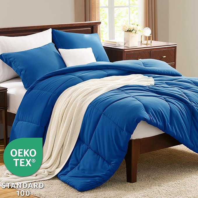 CozyLux Full Size Comforter Sets - 270GSM Classic Blue Bedding Sets for All Seasons, 3 Pieces Box Stitched Bed Set with 1 Down Alternative Comforter and 2 Pillow Shams, Soft, Lightweight, Breathable