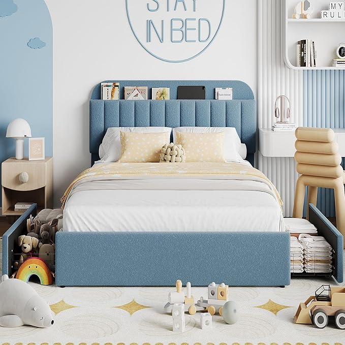 IDEALHOUSE Full Bed Frame with 2 Flexible Drawers and Bookcase Headboard, Boucle Upholstered Platform Bed for Boys, Noise-Free, Easy Assembly, No Box Spring Needed, Blue