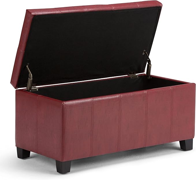 SIMPLIHOME Dover Storage Ottoman Bench - 36 inch Wide Upholstered Vegan Leather Rectangular Lift-Top Ottoman in Radicchio Red, Contemporary Bench for Living Room with Safety Hinges