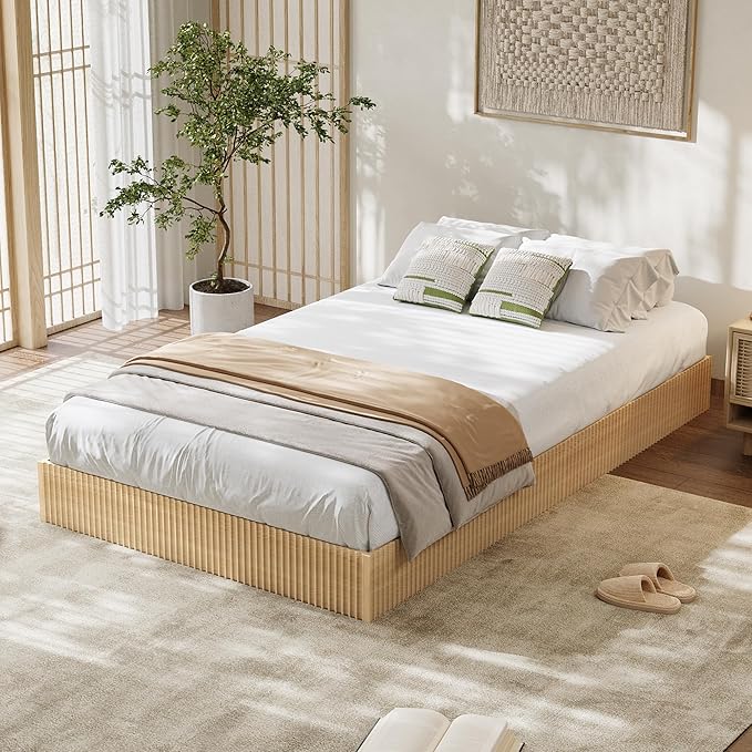 Garvee Twin Bed Frame, Wood Platform Bed with Fluted Design, Low Profile BedFrame, Minimalist Bed Base with Noise-Free, Easy Assembly, No Box Spring Needed, Natural