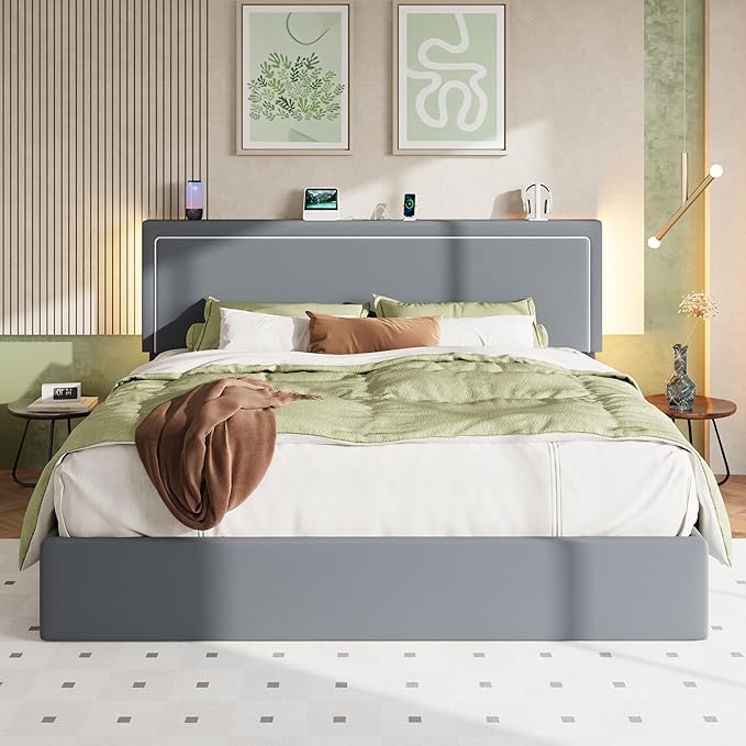 Allewie King Size Lift Up Storage Bed Frame with Charging Station & LED Lights, Adjustable Velvet Upholstered Storage Headboard, Type-C & USB Ports, Hydraulic Support, No Box Spring Needed, Grey