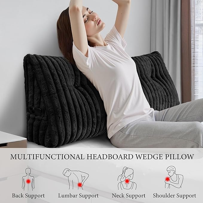 Headboard Pillow Queen, Triangular Wedge Pillow Headboard Queen, Cushion Headboards Reading Pillows, Backrest Pillows for Sitting in Bed or Working with Removable Cover, Black