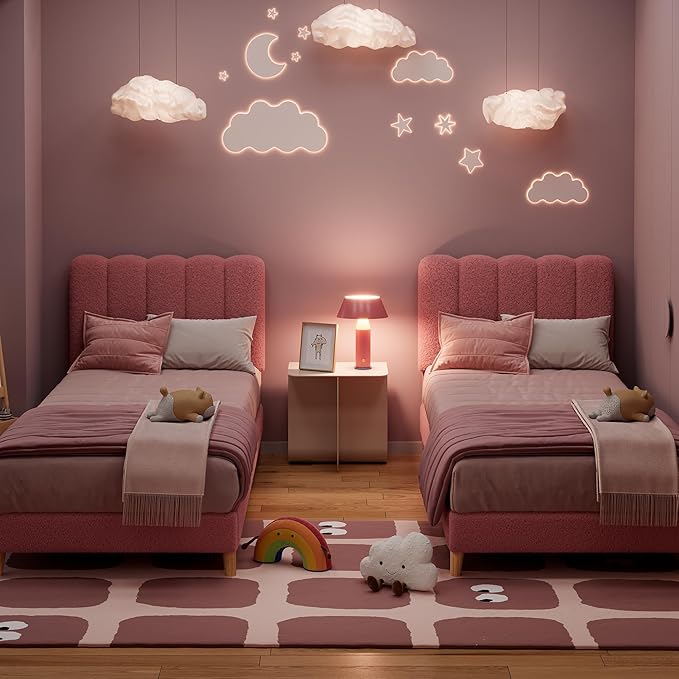 GarveeHome Twin Bed Frame, Upholstered Platform Bed with Wave Headboard for Girls/Kids, Easy Assembly, Wooden Slats Support, No Box Spring Needed, Boucle Pink