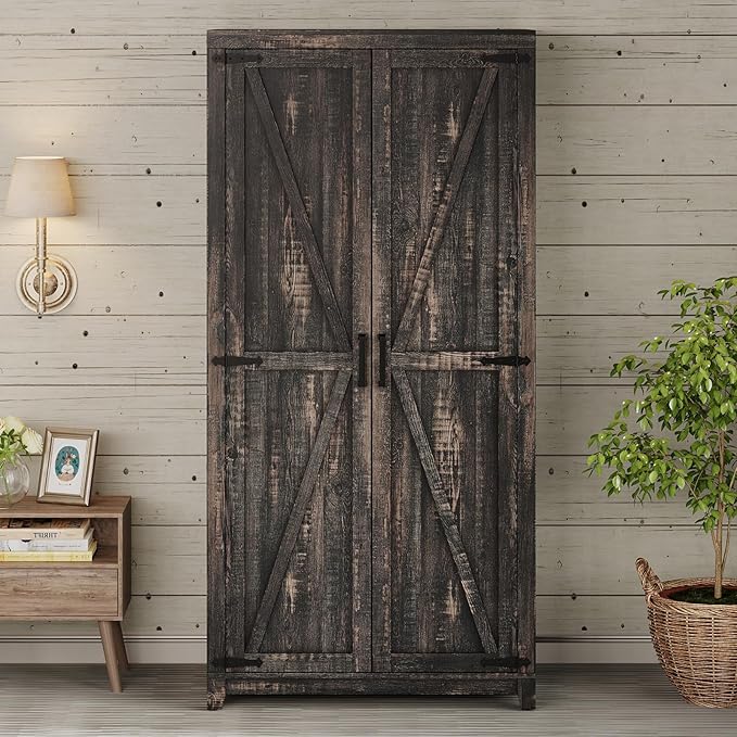 AMERLIFE Set of 2 Farmhouse Armoire Wardrobe Closet with 2 Barn Doors, 71'' Storage Cabinet with Shelf & Hanging Rod, Versatile Clothing Storage for Bedroom, Black Oak