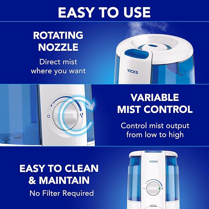 Vicks CoolRelief Cool Mist Humidifier Small to Medium Room Vaporizer for Baby, Kids, Adults, 1.2 Gal