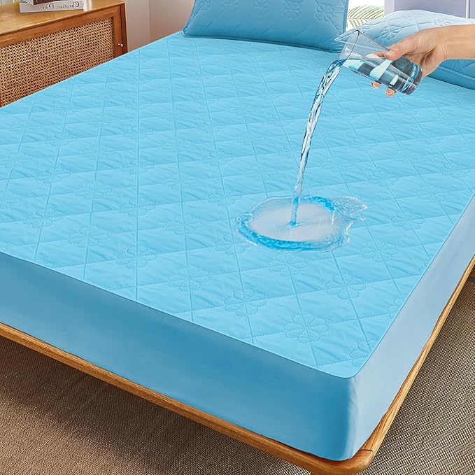 Waterproof Mattress Protector, Noiseless Twin Size Mattress Pad with Deep Pocket Fitted Up to 6-12 inches, Soft Breathable Bed Mattress Cover Washable for Bedroom, Hotel(1, Blue, Twin)