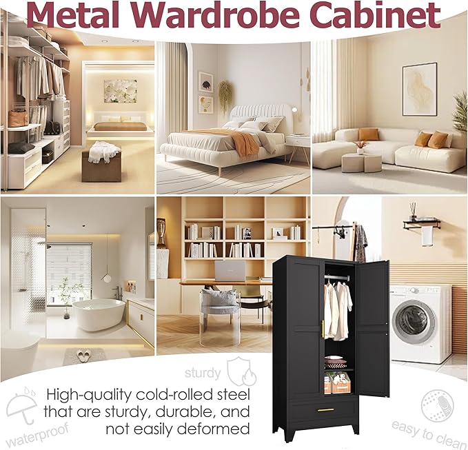 GAIOUS Steel Armoire Wardrobe Closet, 71" Household Wardrobe Cabinet with 2 Doors, 1 Adjustable Shelf and 1 Drawers, Metal Clothing Storage Cabinet with Hanging Rod for Bedroom, Cloak Room,Gym(Black)