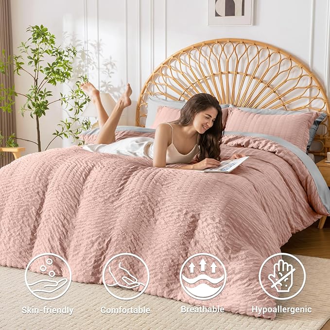 HYMOKEGE Rose Gold/Light Grey Duvet Cover Full Size, Ultra Soft 3-Piece Seersucker Duvet Cover Set with Zipper Closure, Soft Brushed Microfiber Bedding Set with 8 Corner Ties (80"x90", 2 Pillowshams)