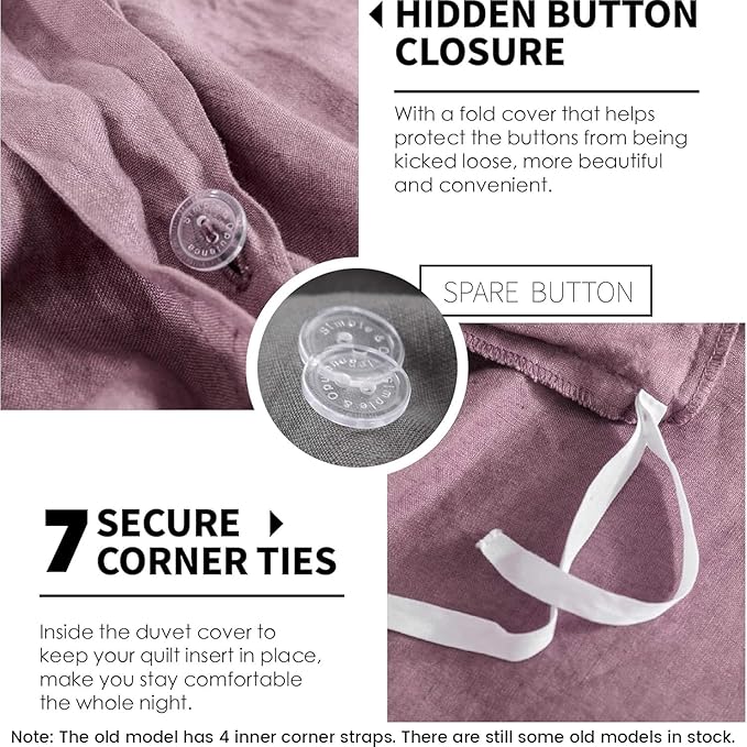 Simple&Opulence 100% Linen Duvet Cover Set 3pcs Basic Style Natural French Washed Flax Solid Color Soft Breathable Farmhouse Bedding with Button Closure - Purple, King