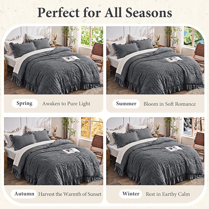 JOLLYVOGUE Dark Gray Queen Comforter Set, 3 Pieces Seersucker Bedding Comforter Sets, All Season Bed in a Bag Queen, Lightweight & Fluffy Queen Bedding Set with 1 Comforter, 2 Ruffle Pillowshams