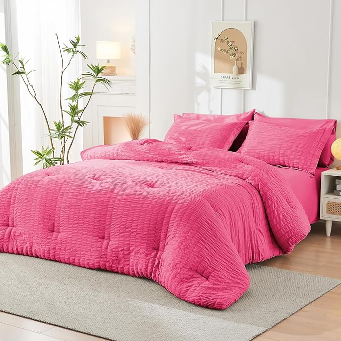 HYMOKEGE Hot Pink Queen Comforter Set Seersucker 7 Pieces, All Season Luxury Bed in a Bag Queen for Bedroom, Bedding Set with Comforter, Sheets, Pillowcases & Shams