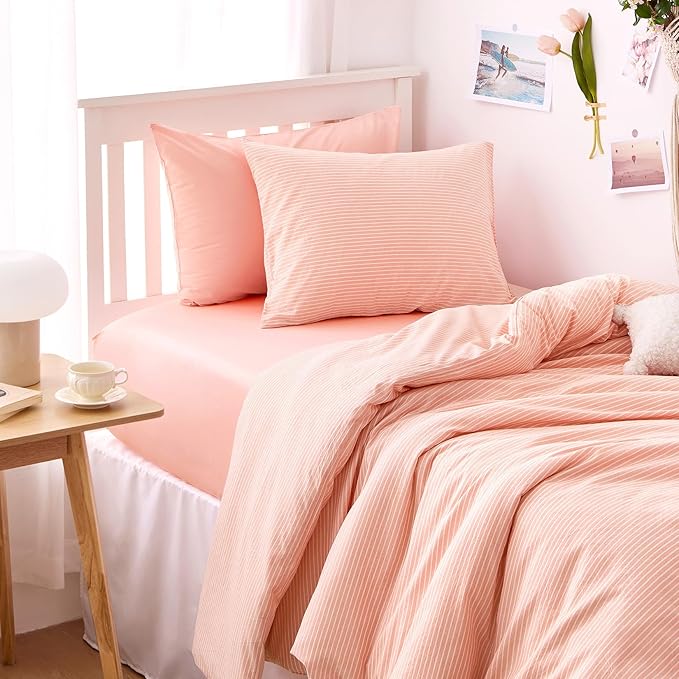 Wake In Cloud - Striped Cotton Duvet Cover Set, 100% Washed Cotton Textured Percale Bedding Set, Ticking Stripe Pinstripe Farmhouse, 3 Pieces, Light Pink, Twin Size