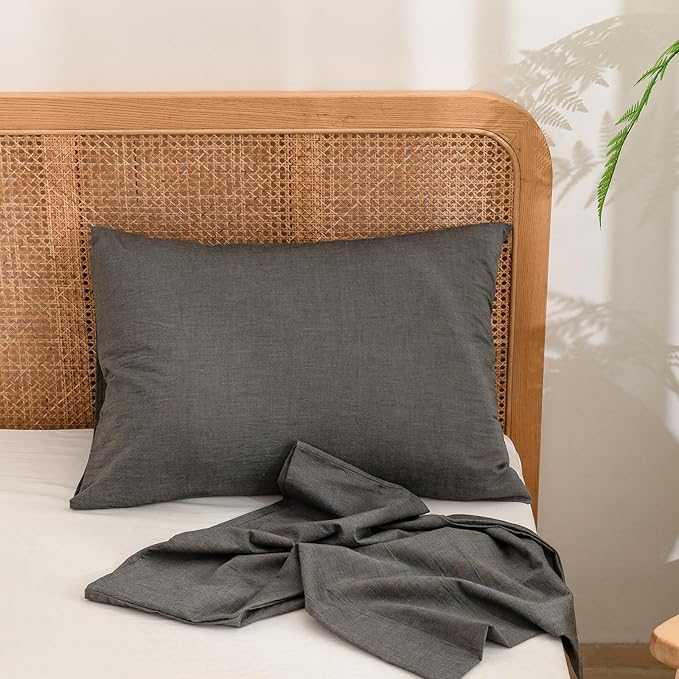 BESTOUCH 100% Washed Cotton Pillowcase for Hair and Skin Linen Feel Soft Comfortable Breathable 2 Set Pillow Case with Envelope Closure Solid Dark Grey Standard 20x26 Inches