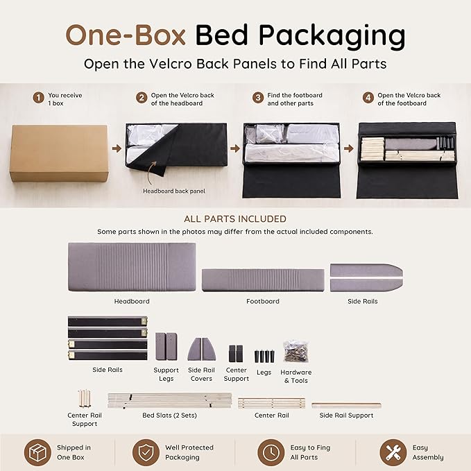 Livinia Amelia Queen Size Platform Bed, Fabric Upholstered Queen Bed Frame with Height Adjustable Headboard Footboard, Strong Wood Slats, No Box Spring Needed, Brown