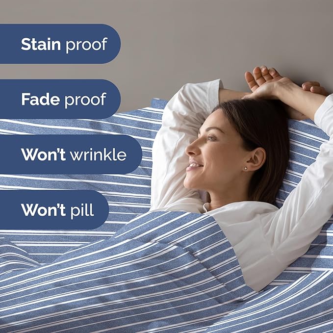 Duvet Cover Full Size Set - Extra Soft Full Duvet Cover 80" x 90" with 2 Pillow Shams - Hotel Luxury, Easy Care & Fade Free with Zipper Closures & Ties - All Season, Comfy & Breathable (Blue Stripes)