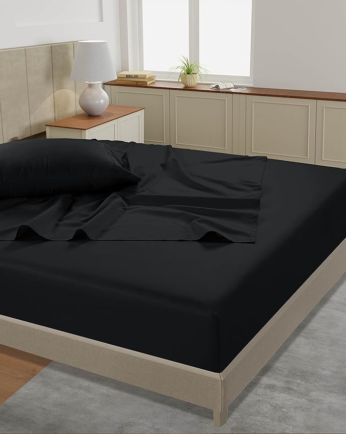 LANE LINEN Cali King Sheet Set - 450 Thread Count Premium Sateen Weave for Silky Feel On Skin - Cooling Sheets for Deep Sleep - Securely Fits Mattresses Upto 15'' Deep - Oeko Tex Certified - Black