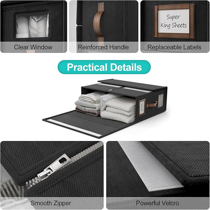 6 Pack Foldable Bed Sheets Set Organizers and Storage(Cal King Size),Linen Fabric Closet Organizers with Window,Folding Bedding Storage Box for Bedsheets and Pillow Cube Organizer-Black