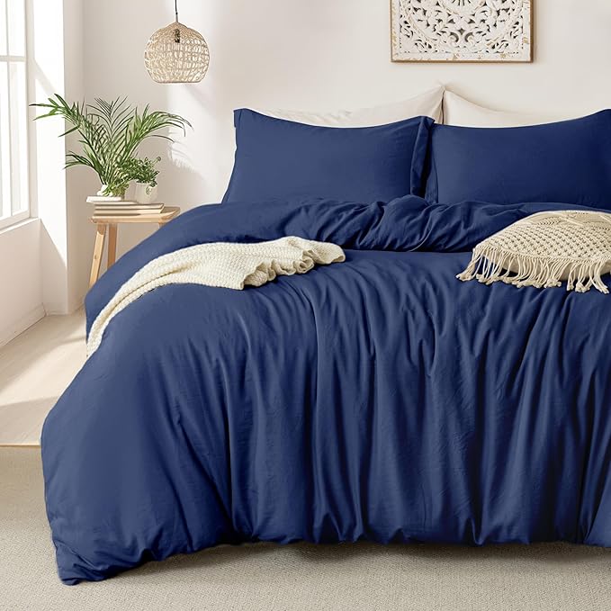 MILDLY Super Soft Duvet Cover - 100% Washed Microfiber Navy Blue Comforter Cover Set 3 Pieces with Zipper Closure & Corner Ties (No Comforter)