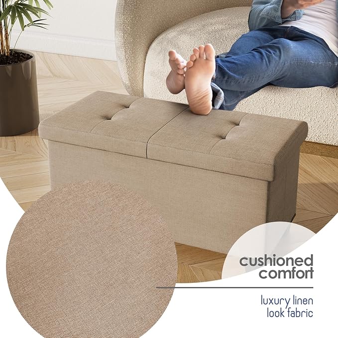 Storage Ottoman Bench with Bins, 30-in Storage Bench for Bedroom End of Bed, Folding Foot Rest Ottoman for Living Room Max 660lbs, Fabric Ottomans, Taupe