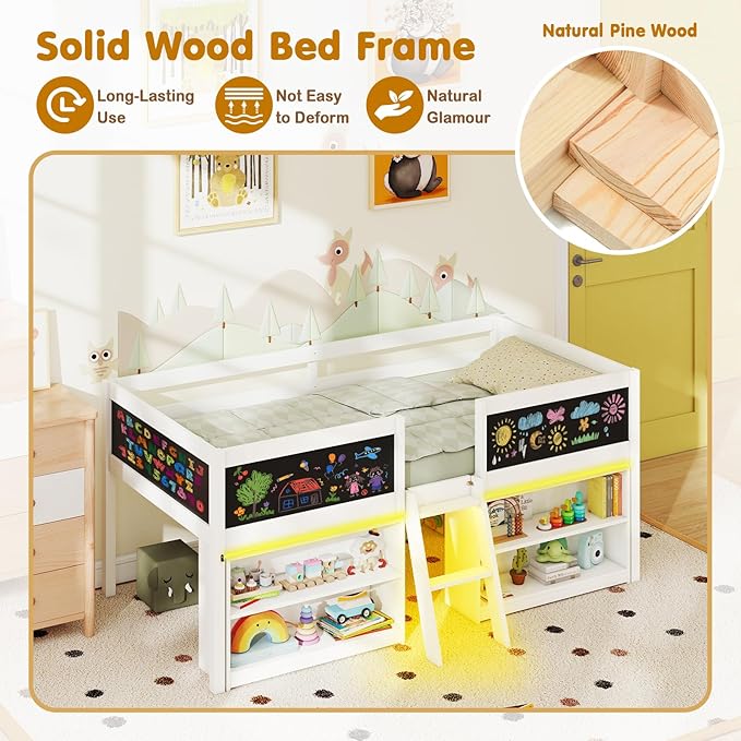 Giantex Low Loft Bed with LED Lights, Wooden Twin Size Loft Bed with Ladder & Blackboard, Twin Bed Frames for Kids with Storage 2 Bookcases and Play Space, White