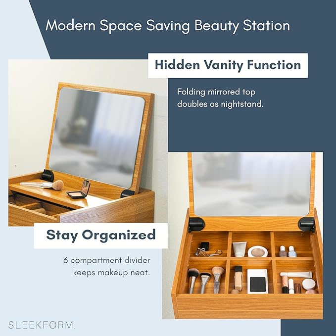Sleekform Small Vanity Desk Dressing Table with Mirror & Chair - 18x20 Floating Vanity Makeup Table for Small Spaces, Wall Mounted Compact Make Up Tables with Flip Up Top, Nightstand Bedroom Vanities