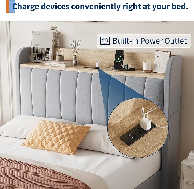 Garvee Queen Size Platform Bed Frame with Upholstered Storage Headboard, Built-in Charging Station, Metal Drawers, Wooden Slats, Sturdy and Noise-Free, Modern Bedroom Furniture - Twin, Light Gray