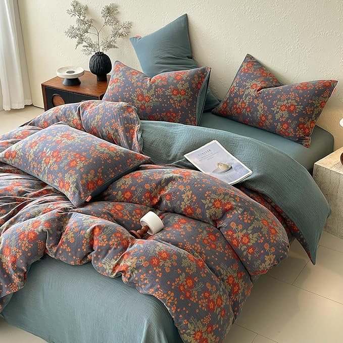 VM VOUGEMARKET Rustic Double Layer Gauze Jacquard Duvet Cover Queen, Dusty Slate Blue with Retro Orange Floral Print, Soft Breathable Boho Comforter Cover with Zipper&Ties