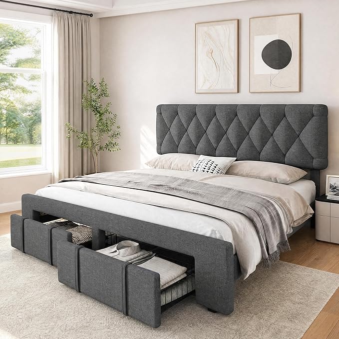 GarveeHome King Size Bed Frame, Upholstered Platform Bed Frame with Storage Drawers, Mattress Foundation with Solid Wooden Slats Support, No Box Spring Needed, Grey