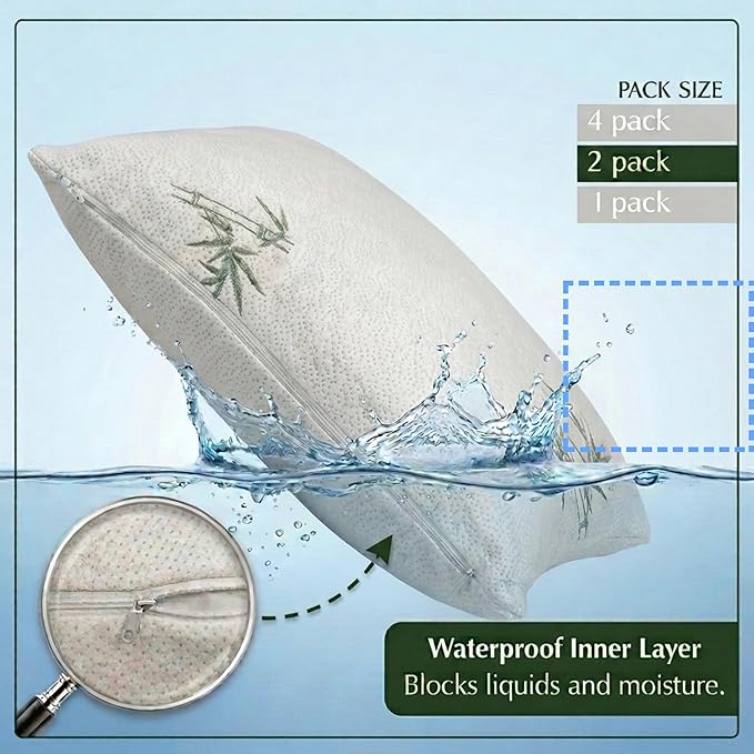 Four Seasons Essentials King Size Waterproof Pillow Protectors (Set of 2) - Natural Viscose derived from Bamboo Pillow Covers - Hypoallergenic Dust Proof Zippered Encasements for 20" x 36" Pillows