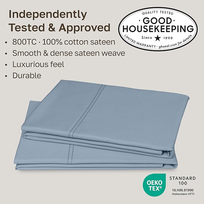 Heirloom Soft, Smooth & Thick Certified 800 Thread Count 100% Cotton Sateen, 2 Pillow Cases Standard Size Fits Standard & Queen Size Pillows (Dusty Blue)