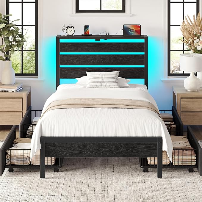 Rolanstar Twin Bed Frame with 4 Drawers, LED Lights and Charging Station, Metal Platform Bed with Storage Headboard, Noise Free, Easy Assembly, No Box Spring Needed, Black