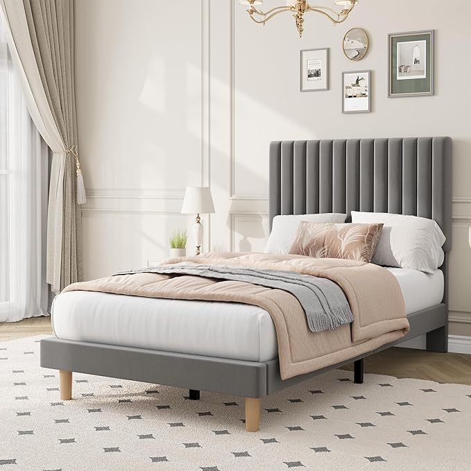 IDEALHOUSE Twin Bed Frame with Adjustable Headboard, Velvet Upholstered Platform Bed Frame Twin Size, Vertical Channel Tufted, Strong Wooden Slats, No Box Spring Needed, Easy Assembly, Grey